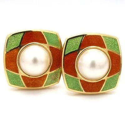 18K Yellow Gold Earrings with 12.5mm Mabe Pearls and Enamel