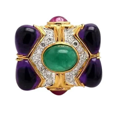 18k Yellow Gold Multi-Gemstone and Diamond Ring