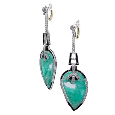 Platinum Earrings with Carved Emeralds, Round Brilliant Cut Diamonds, and Onyx A