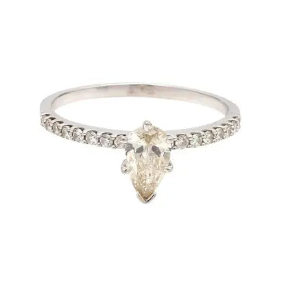 14K White Gold Pear Shape Diamond Ring Size 9.75