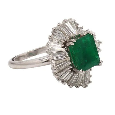 Emerald-Cut Emerald Ballerina Platinum Ring with Baguette Diamond Accents