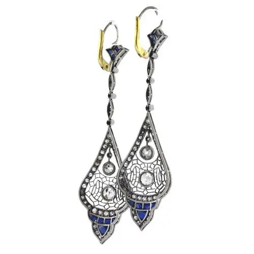 Euro Cut Diamond Earrings with Sapphire Accents