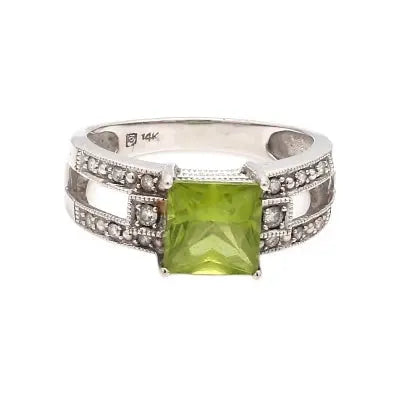 14K White Gold Peridot and Diamond Ring