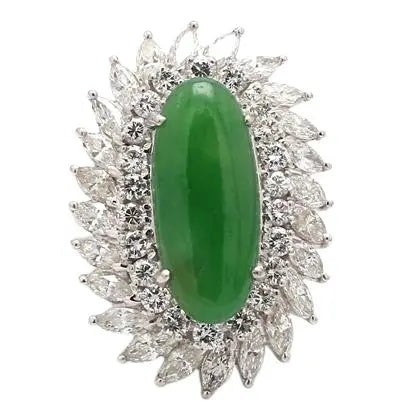 Natural Type A Jadeite Ring with Marquise and Round Diamond Accents