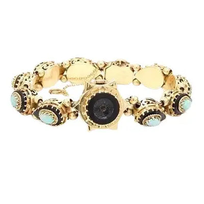 14K Yellow Gold Alecto Bracelet Watch with Opals and Onyx Inlay