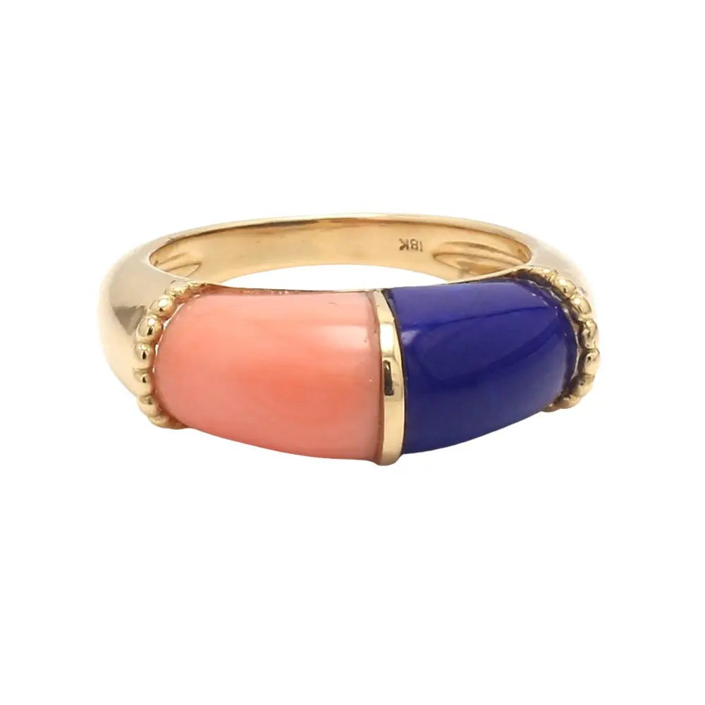 18K White Gold Coral and Lapis Ring Size 6
