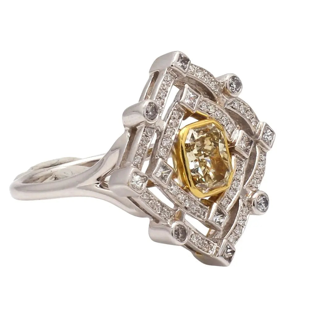 2.07ct Fancy Yellow Radiant Diamond Ring with Gothic Double Halo