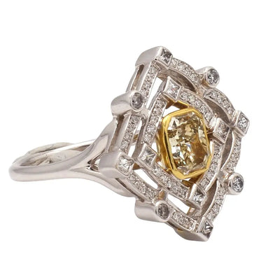 2.07ct Fancy Yellow Radiant Diamond Ring with Gothic Double Halo