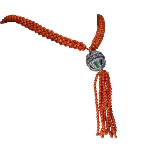 Coral Bead Necklace with Diamond, Emerald & Onyx Accents