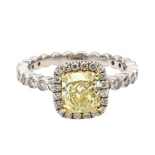 1.60ct Fancy Yellow Cushion Cut Two-Tone Diamond Ring with Halo
