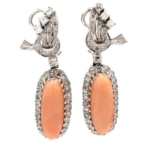Oval Cabochon Coral and Diamond Earrings
