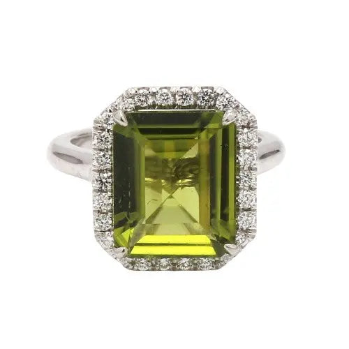 Peridot & Diamond Platinum Halo Ring Sz. 5.25