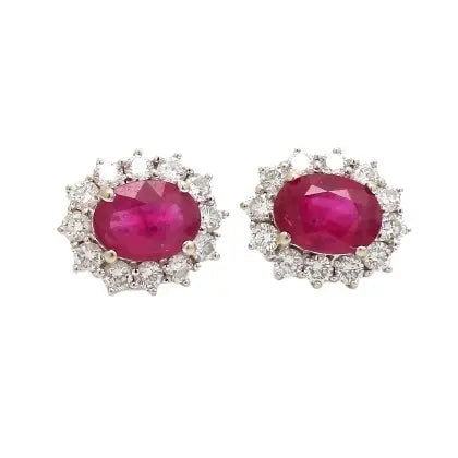 14K White Gold Earrings with Rubies and Round Brilliant Cut Diamonds