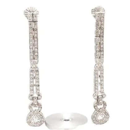 Pear-Shaped and Round Diamond Platinum Earrings