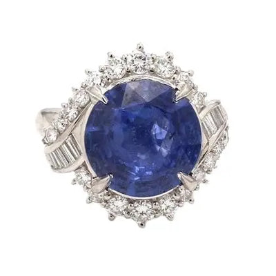 Ceylon Sapphire Ring with Baguette and Round Diamond Accents