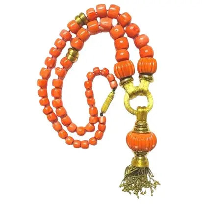 Henry Dunay Coral Bead Necklace with Carved Coral Center and Tassel Detail