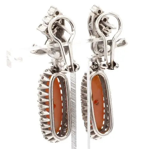 Oval Cabochon Coral and Diamond Earrings