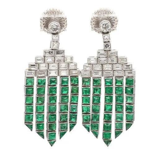 Platinum Earrings with 2.15ct Diamond Baguettes & 7.30ctw Emerald Cabochons