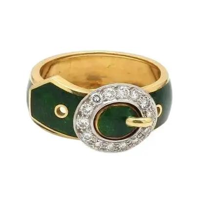 18K Yellow Gold and Platinum Band with Diamonds and Green Enamel