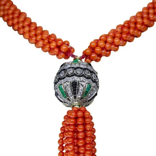Coral Bead Necklace with Diamond, Emerald & Onyx Accents