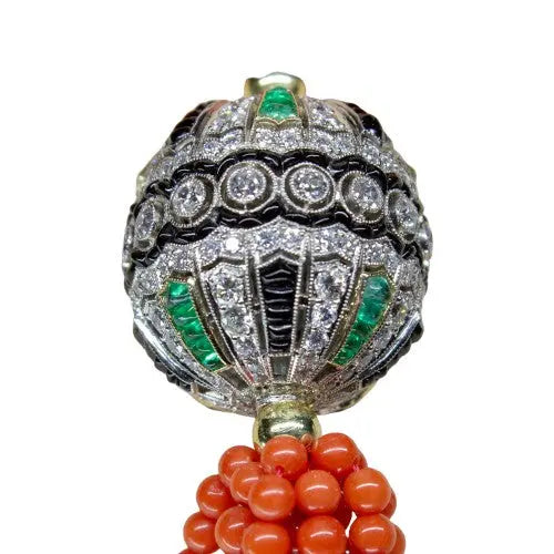 Coral Bead Necklace with Diamond, Emerald & Onyx Accents