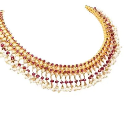 22k Yellow Gold Necklace with Rubies and Pearls