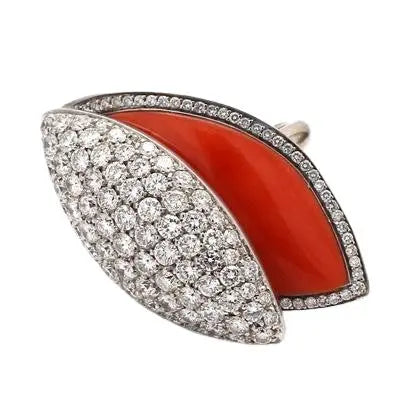 Marquise Coral Ring with Round Brilliant Diamond Accents