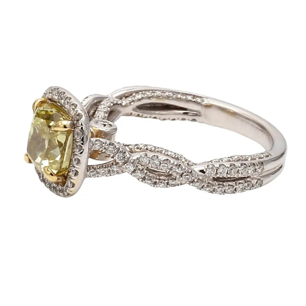 18K Yellow and White Gold Fancy Greenish Yellow Diamond Ring Size 6