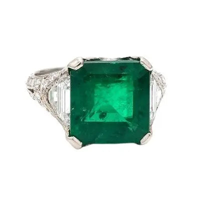 Afghani Square Emerald Ring with Diamond Accents