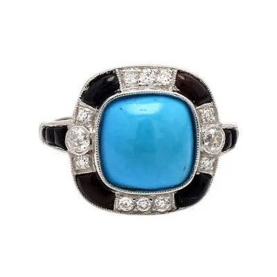 Turquoise and Onyx Ring with Old Mine Cut Diamonds