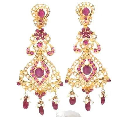 22k Yellow Gold Chandelier Earrings with Rubies and Pearls