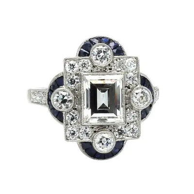 1.30ct Art Deco Step Cut Diamond & Sapphire Ring