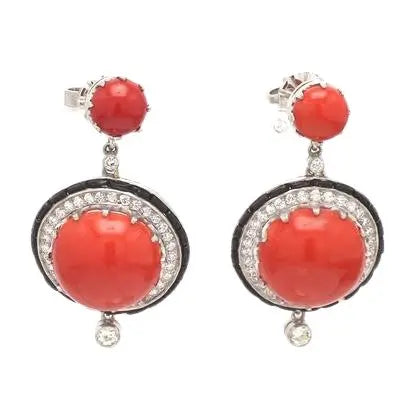 Coral and Onyx Earrings with Old Mine-Cut Diamonds
