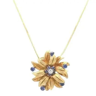 14k Yellow Gold Flower Pendant Necklace with Sapphires
