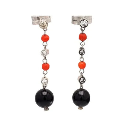 Onyx and Coral Bead Earrings with Diamonds