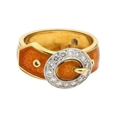 18K Yellow Gold and Platinum Band with Diamonds and Orange Enamel