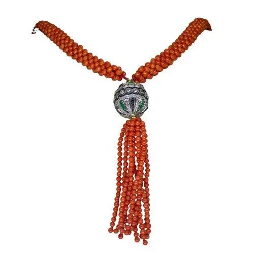 Coral Bead Necklace with Diamond, Emerald & Onyx Accents