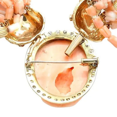 Coral and Diamond Pendant-Brooch with Carved Coral Bead Necklace