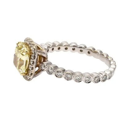 1.60ct Fancy Yellow Cushion Cut Two-Tone Diamond Ring with Halo