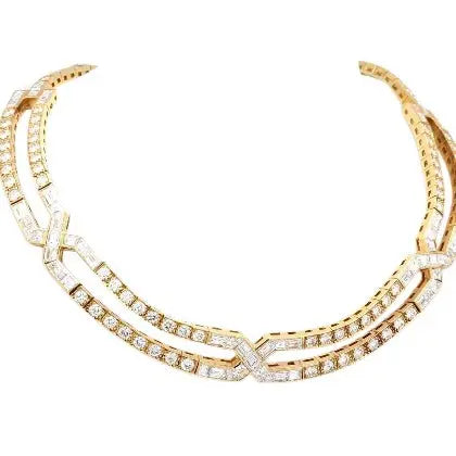 18K Yellow Gold Graff Necklace with Baguette & Round Brilliant Cut Diamonds
