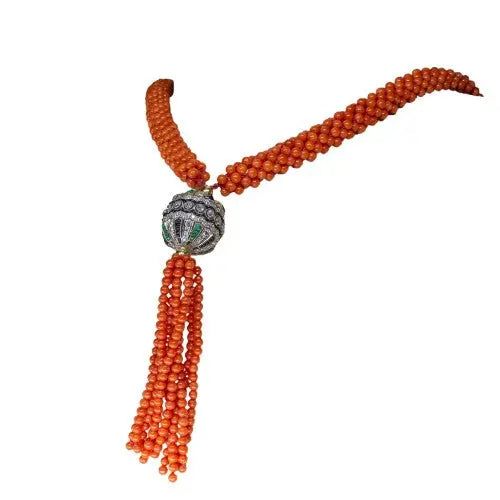 Coral Bead Necklace with Diamond, Emerald & Onyx Accents