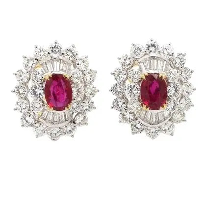 Thai No-Heat Ruby Earrings with Baguette and Round Diamond Accents