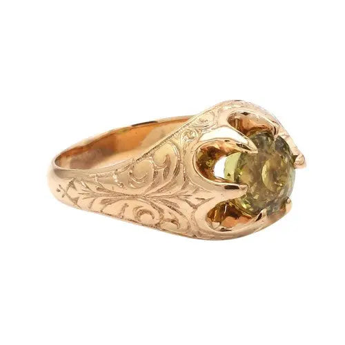 Estate 14K Round Peridot Belcher Style Ring with Ornate Engravings
