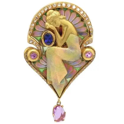 Plique-à-Jour Pin with Sapphire, Diamond, and Pink Sapphire Accents