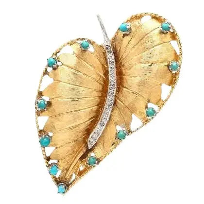 14k Two-Tone Turquoise and Diamond Leaf Pin