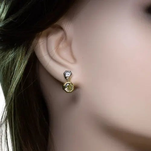 Fancy Yellow Octagon & White Diamond Two-Tone Dangle Earrings