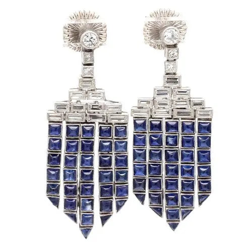 Sapphire and Diamond Antique Platinum Earrings