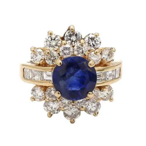 Blue Sapphire Ring with Round and Baguette Diamond Accents