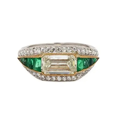 2.01ct Emerald-Cut Diamond Ring with Old Mine Cut Diamonds & Emerald Side Stones
