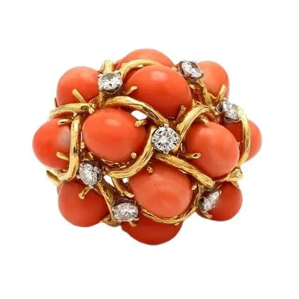 David Webb Oval Coral Cluster Ring with Round Brilliant Diamonds